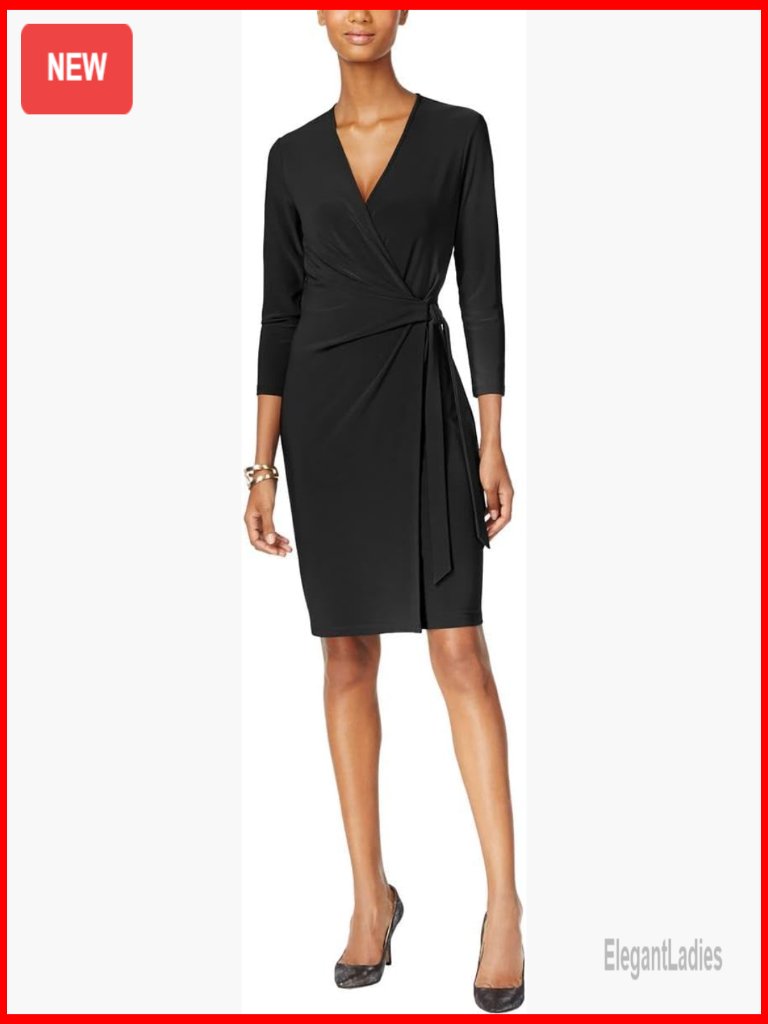 Women's Faux Wrap Dress With 3/4 Sleeves